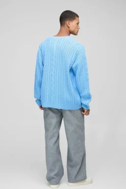 Cheap boohooMAN Oversized Cable Knit BM Crew Neck Knit Jumper blue