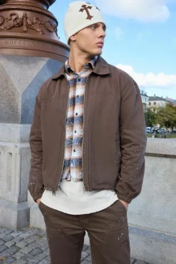 New boohooMAN Oversized Carpenter Paint Splatter Overshirt chocolate