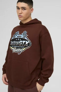 New boohooMAN Oversized Castrol Racing License Print Hoodie chocolate
