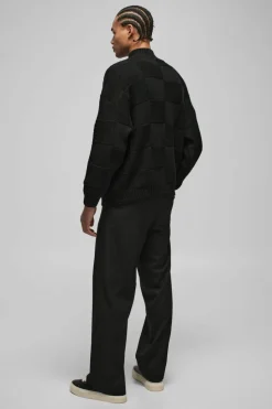 Discount boohooMAN Oversized Check Funnel Neck Knitted Jumper black