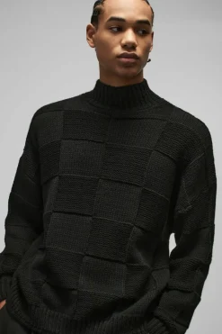 Discount boohooMAN Oversized Check Funnel Neck Knitted Jumper black