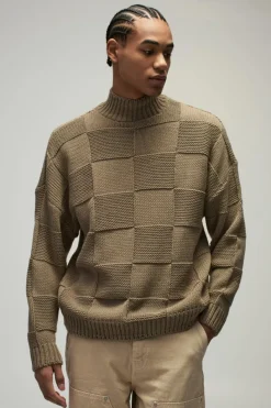 Shop boohooMAN Oversized Check Funnel Neck Knitted Jumper stone