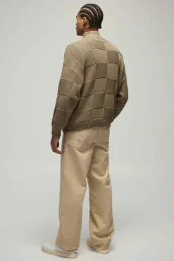 Shop boohooMAN Oversized Check Funnel Neck Knitted Jumper stone