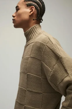 Shop boohooMAN Oversized Check Funnel Neck Knitted Jumper stone