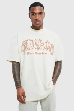 Sale boohooMAN Oversized Chicago Print T-shirt sand