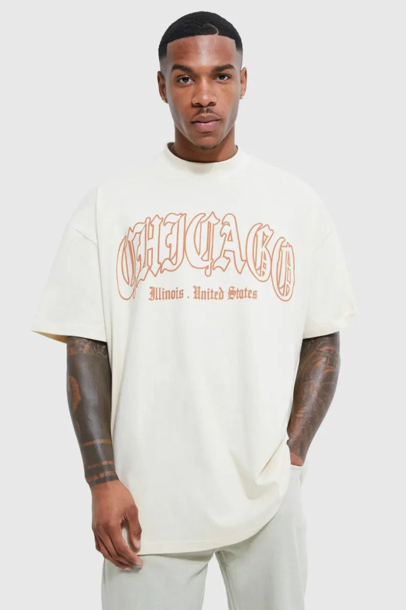 Sale boohooMAN Oversized Chicago Print T-shirt sand