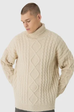 Sale boohooMAN Oversized Chunky Cable Knit Roll Neck Jumper stone