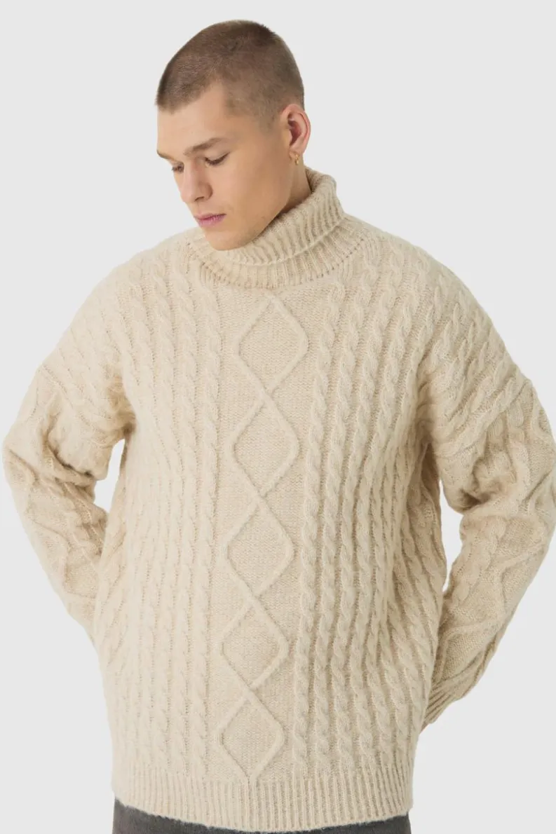 Sale boohooMAN Oversized Chunky Cable Knit Roll Neck Jumper stone