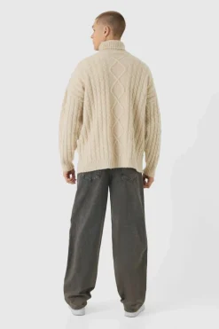 Sale boohooMAN Oversized Chunky Cable Knit Roll Neck Jumper stone