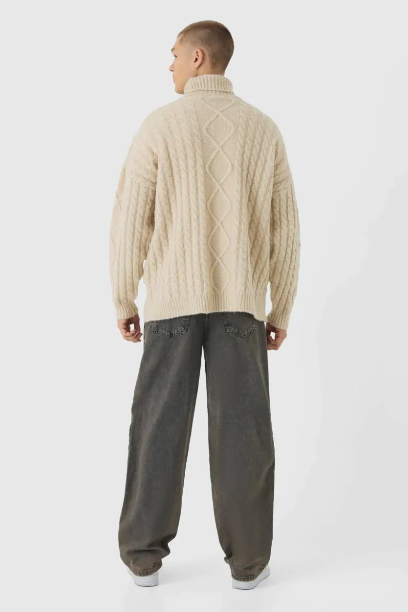 Sale boohooMAN Oversized Chunky Cable Knit Roll Neck Jumper stone