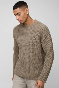 Discount boohooMAN Oversized Chunky Knitted Jumper taupe