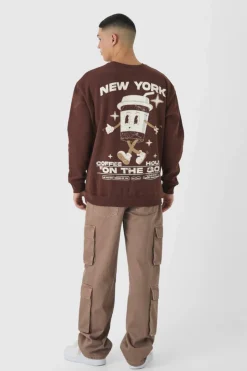 Store boohooMAN Oversized Coffee House Graphic Sweatshirt chocolate