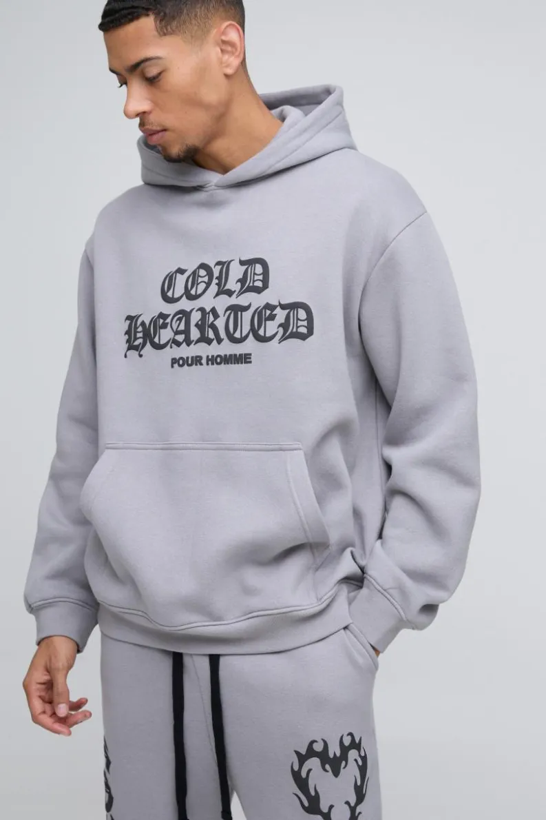 Discount boohooMAN Oversized Cold Hearted Puff Print Hoodie grey