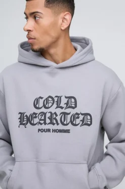 Discount boohooMAN Oversized Cold Hearted Puff Print Hoodie grey