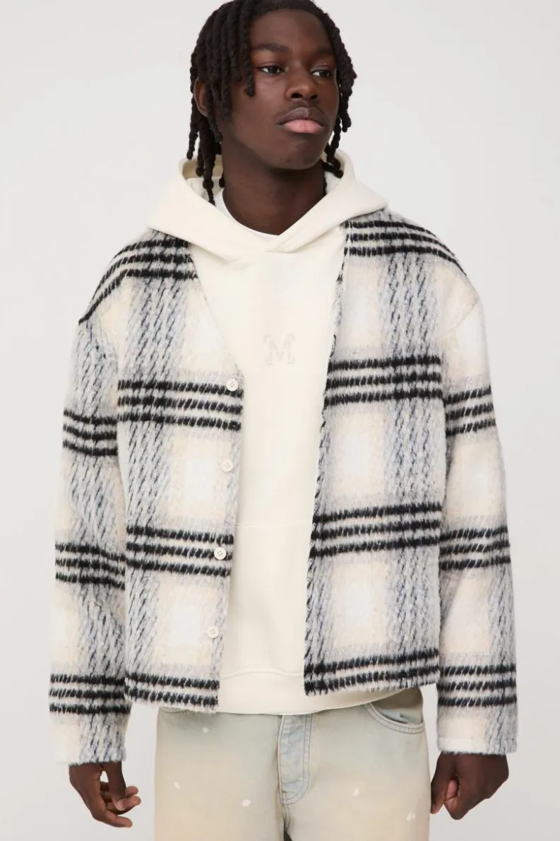 New boohooMAN Oversized Collarless Brushed Check Overshirt ecru