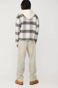 New boohooMAN Oversized Collarless Brushed Check Overshirt ecru