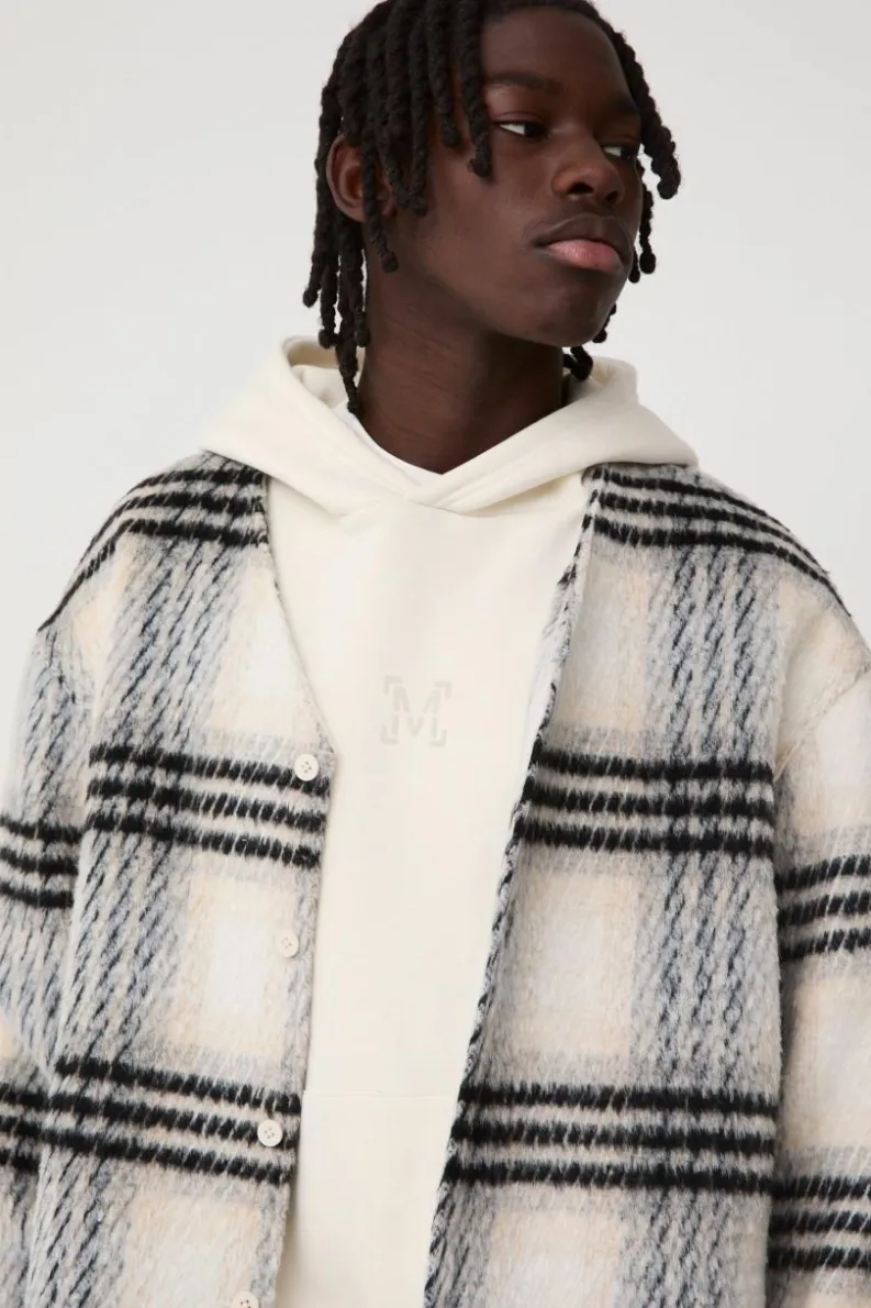 New boohooMAN Oversized Collarless Brushed Check Overshirt ecru