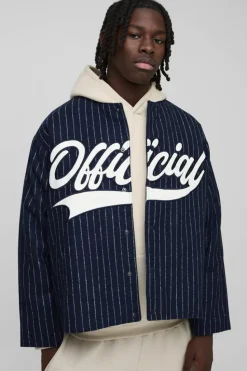 Shop boohooMAN Oversized Collarless Stripe Baseball Varsity Jacket navy