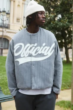 Best boohooMAN Oversized Collarless Stripe Baseball Varsity Jacket grey