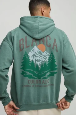 Clearance boohooMAN Oversized Colorado Mountains Graphic Washed Hoodie forest
