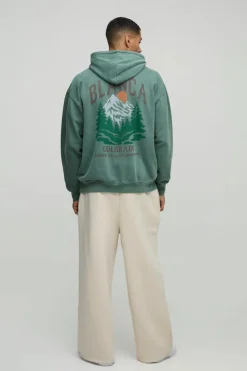 Clearance boohooMAN Oversized Colorado Mountains Graphic Washed Hoodie forest
