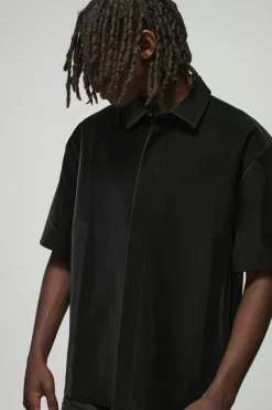 Discount boohooMAN Oversized Concealed Placket Collared Liquid Matte PU Shirt black