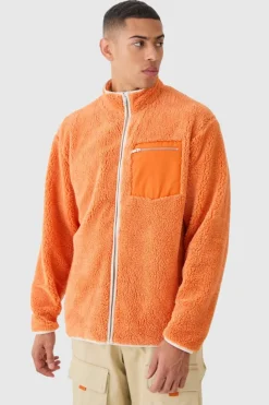 Clearance boohooMAN Oversized Contrast Borg Jacket orange