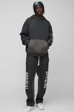 Fashion boohooMAN Oversized Contrast Stitch Colour Block Official Embroidered Tracksuit charcoal