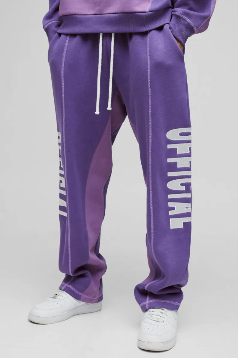 Store boohooMAN Oversized Contrast Stitch Colour Block Official Embroidered Jogger purple