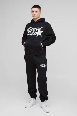 Cheap boohooMAN Oversized Contrast Stitch Limited Edition Printed Hooded Tracksuit black
