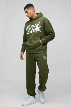 Clearance boohooMAN Oversized Contrast Stitch Limited Edition Printed Hooded Tracksuit khaki