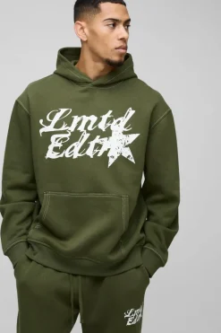 Clearance boohooMAN Oversized Contrast Stitch Limited Edition Printed Hooded Tracksuit khaki