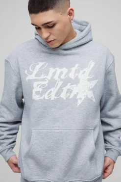 Shop boohooMAN Oversized Contrast Stitch Limited Edition Printed Hoodie grey