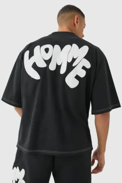 Outlet boohooMAN Oversized Contrast Stitch Puff Print Half Sleeve T-shirt black