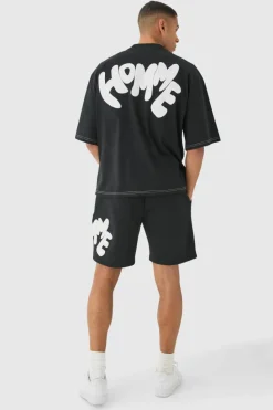 Outlet boohooMAN Oversized Contrast Stitch Puff Print Half Sleeve T-shirt black