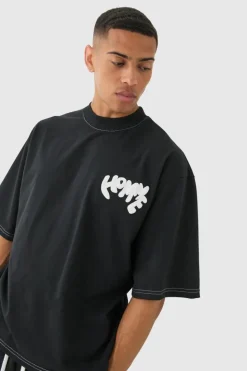Outlet boohooMAN Oversized Contrast Stitch Puff Print Half Sleeve T-shirt black