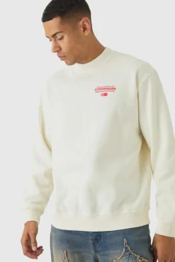 Online boohooMAN Oversized Copenhagen Text Graphic Sweatshirt ecru