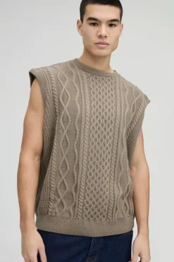 Cheap boohooMAN Oversized Crew Neck Cable Knitted Vest light brown