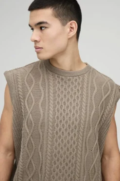 Cheap boohooMAN Oversized Crew Neck Cable Knitted Vest light brown