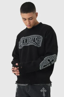 Online boohooMAN Oversized Crew Neck Homme Distressed Cross Knitted Jumper black