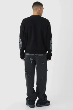 Online boohooMAN Oversized Crew Neck Homme Distressed Cross Knitted Jumper black