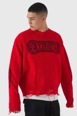 Shop boohooMAN Oversized Crew Neck Homme Distressed Cross Knitted Jumper red