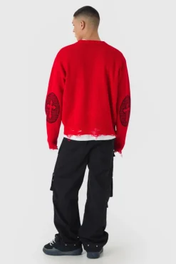Shop boohooMAN Oversized Crew Neck Homme Distressed Cross Knitted Jumper red