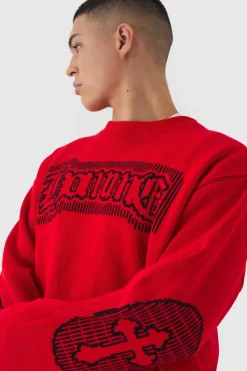 Shop boohooMAN Oversized Crew Neck Homme Distressed Cross Knitted Jumper red
