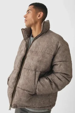 Fashion boohooMAN Oversized Crinkle Funnel Neck Puffer Jacket In brown