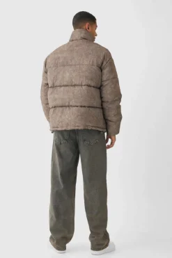 Fashion boohooMAN Oversized Crinkle Funnel Neck Puffer Jacket In brown