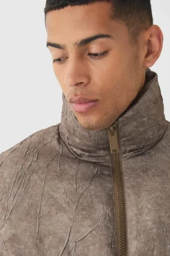 Fashion boohooMAN Oversized Crinkle Funnel Neck Puffer Jacket In brown