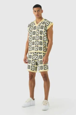 Discount boohooMAN Oversized Crochet Knit Tank And Short Set yellow
