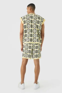 Discount boohooMAN Oversized Crochet Knit Tank And Short Set yellow