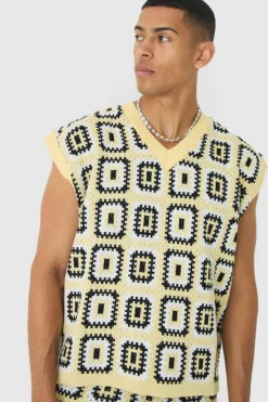 Discount boohooMAN Oversized Crochet Knit Tank And Short Set yellow